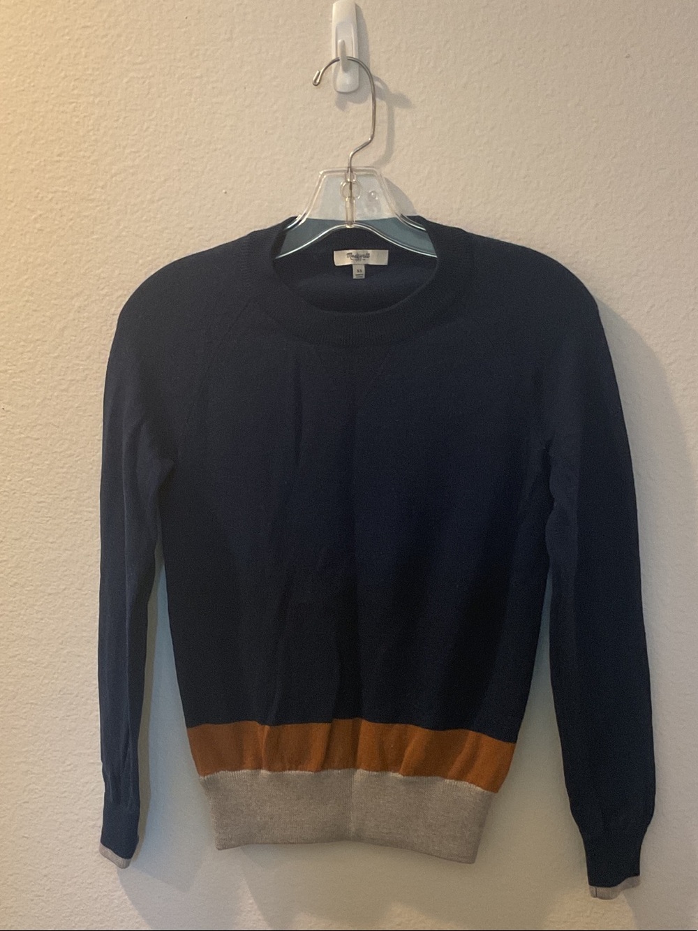 Madewell Navy Crewneck Sweater with Brown & Gray Bands